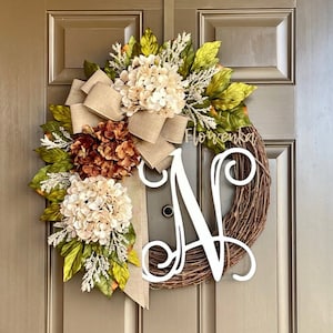 Fall Wreath for Front Door Year Round- Personalized All Season Hydrangea Wreath - Wreath with Monogram - Initial Wreath - Gift