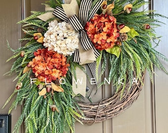 Fall Hydrangea Wreath, Autumn Front Door Wreath, Rustic Farmhouse Fall Decor, Orange Cream Hydrangea Wreath with Saw Grass Greenery