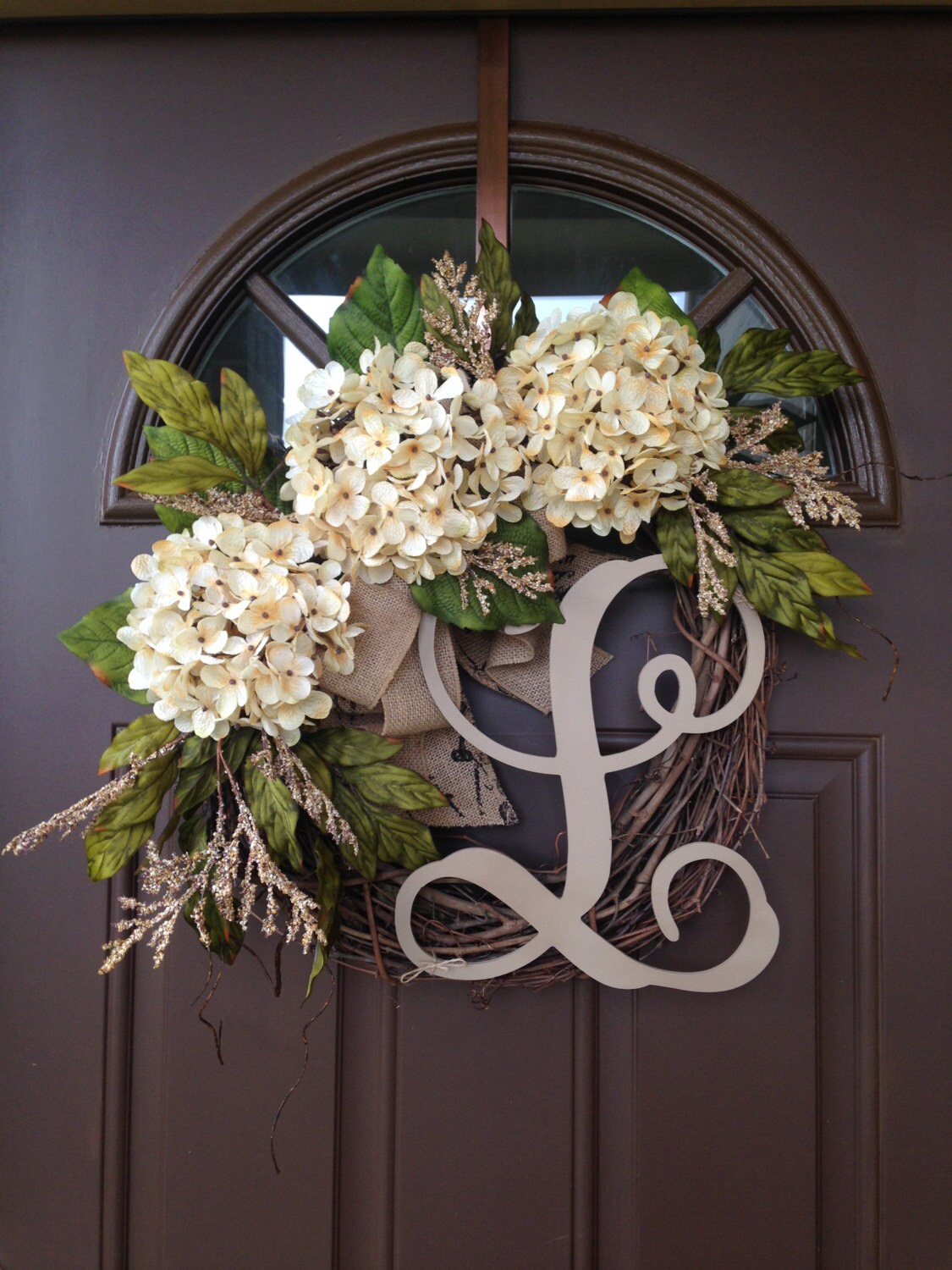 Year Round Cream Hydrangea Wreath for Front Door - Grapevine Wreath w…