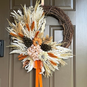 Fall Wreath for Front Door- Corn Husk Pampas Grass Pumpkin Autumn Wreath, Neutral Boho Thanksgiving Decor, Pinecones and Berries Seasonal