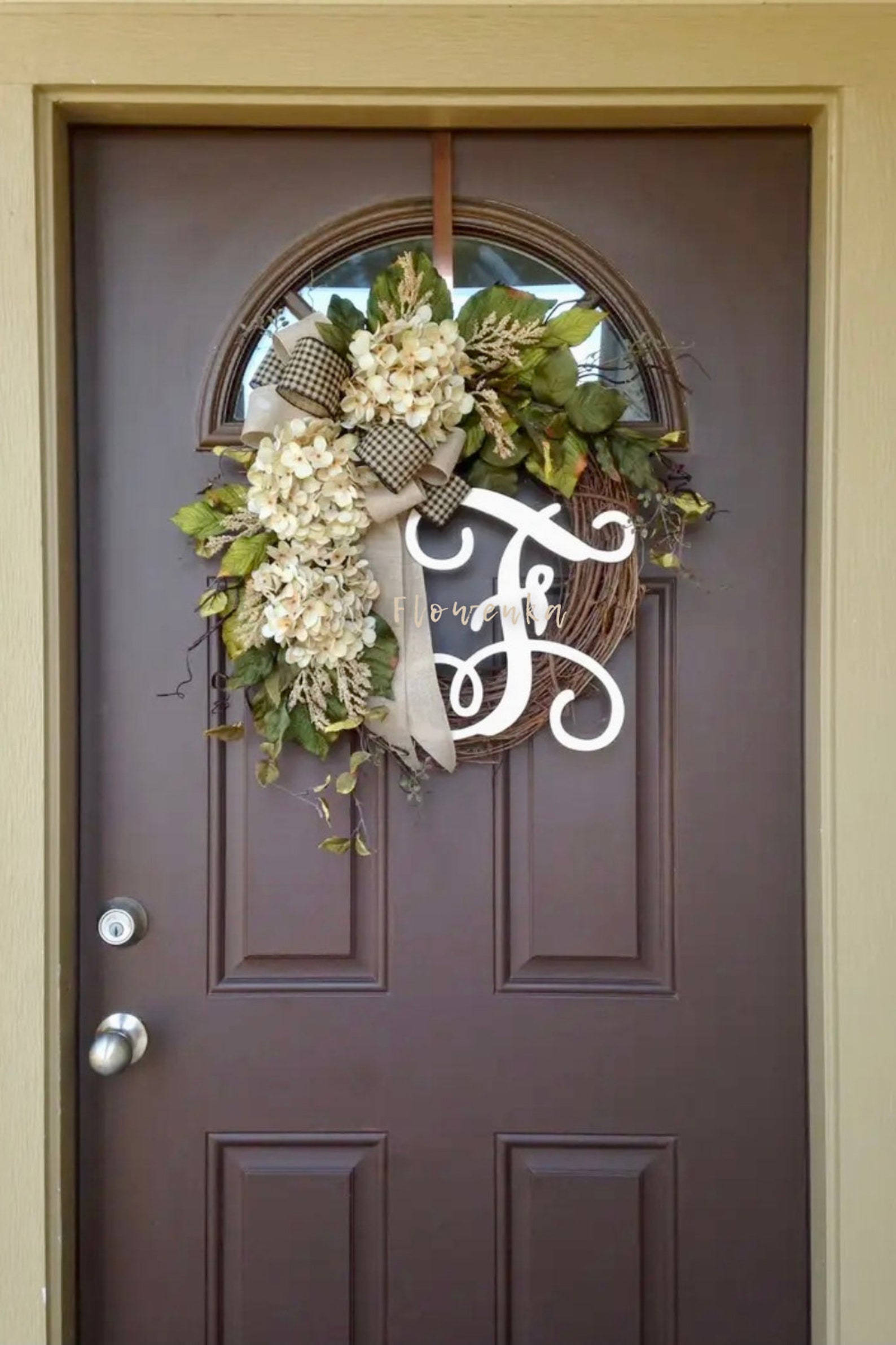 Wreath for Front Door Year Round - Couple Gift - Outdoor Spring Hydrangeas Wreath with Monogram - All Season Grapevine Wreath with Initial - 12''white script, F