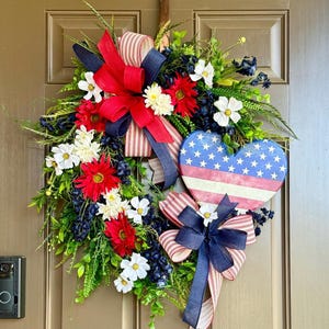 Fourth of July Front Door Wreath, Patriotic Wreaths, American Flag July 4th Porch Decor, Americana Red White and Blue Independence Day Decor