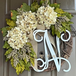 Wreath for Front Door Year Round Mothers Day Gift Personalized All Season Cream Hydrangea Wreath with Monogram Initial Wreath Gift image 1