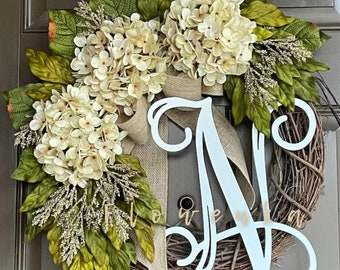 Wreath for Front Door Year Round- Mothers Day Gift- Personalized All Season Cream Hydrangea Wreath with Monogram - Initial Wreath- Gift