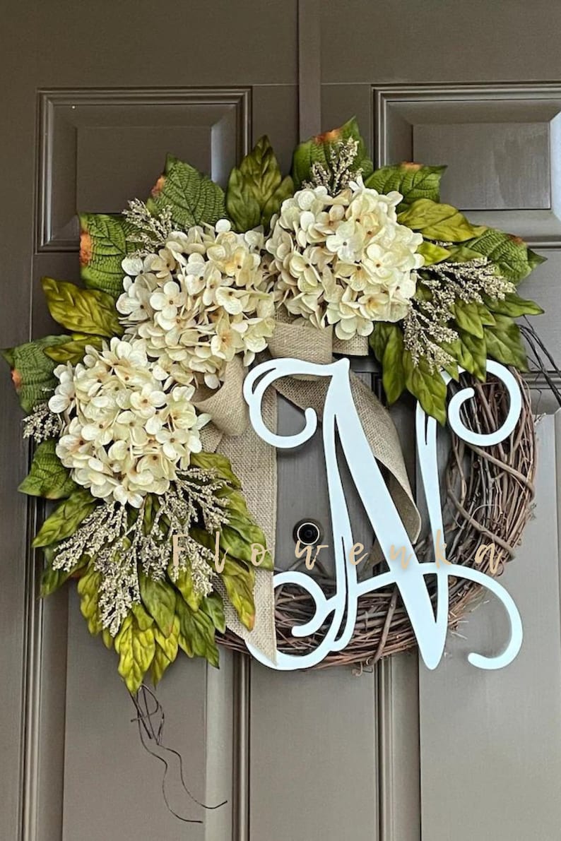 Wreath for Front Door Year Round Mothers Day Gift Personalized All Season Cream Hydrangea Wreath with Monogram Initial Wreath Gift image 1