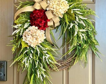 Year Round Hydrangea Wreath,Everyday Spring Summer Front Door Wreath, Farmhouse Front Porch Decor, Housewarming Gift, Outdoor Wreath
