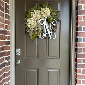 Wreath for Front Door Year Round Mothers Day Gift Personalized All Season Cream Hydrangea Wreath with Monogram Initial Wreath Gift image 2