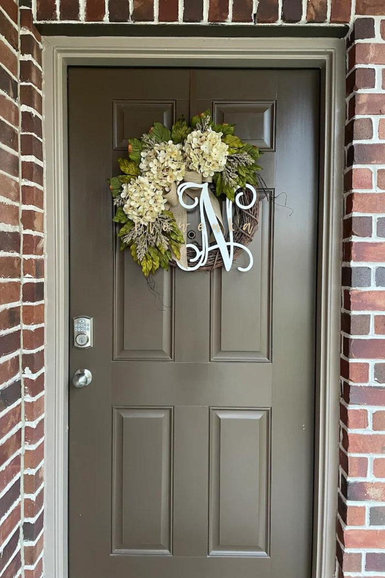 Wreath for Front Door Year Round Mothers Day Gift Personalized All Season Cream Hydrangea Wreath with Monogram Initial Wreath Gift image 2
