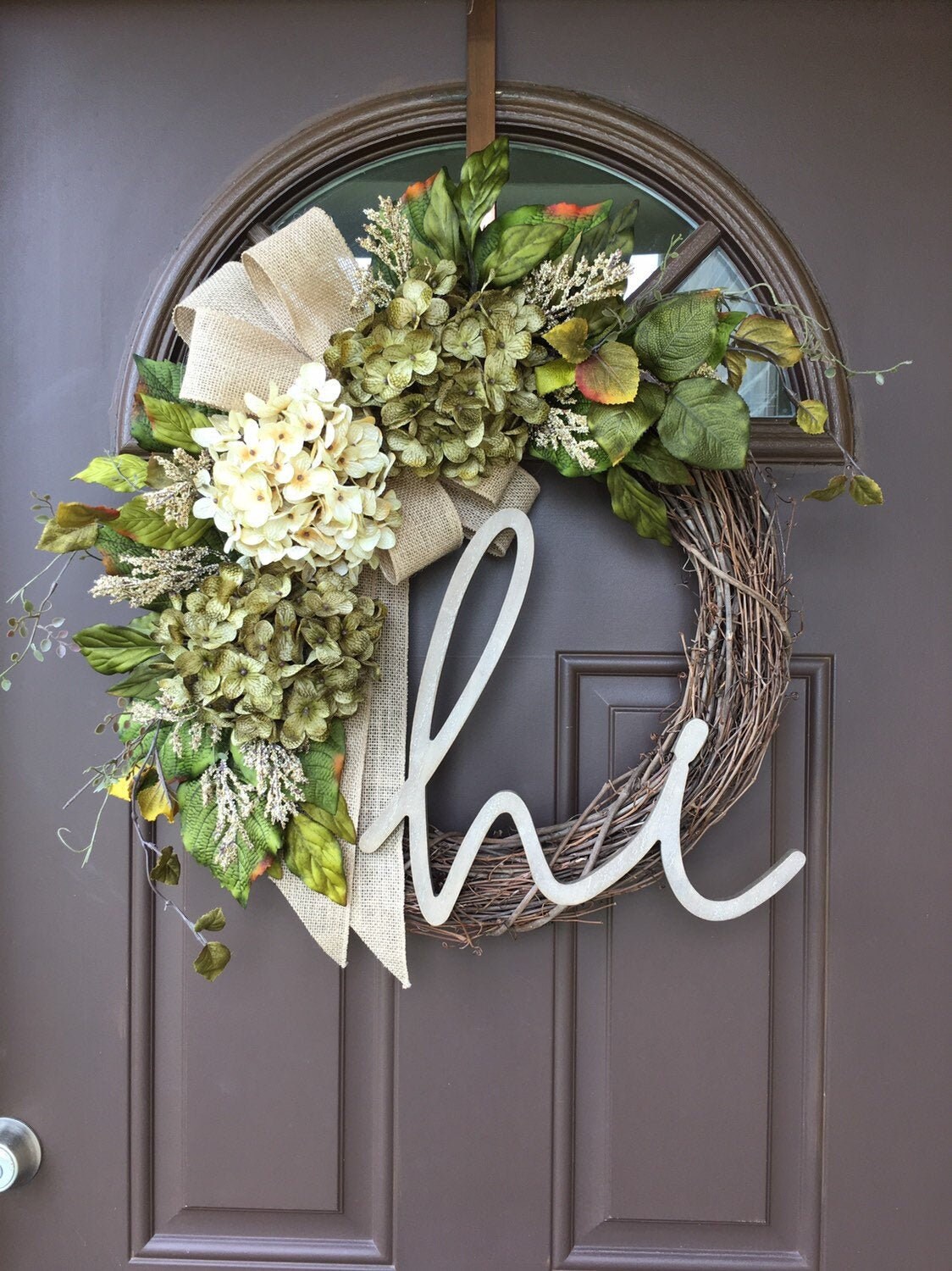 Wreath for Front Door Year Round with Monogram - Personalized Gift Idea for Women  - All Season Hi Hydrangea Wreath