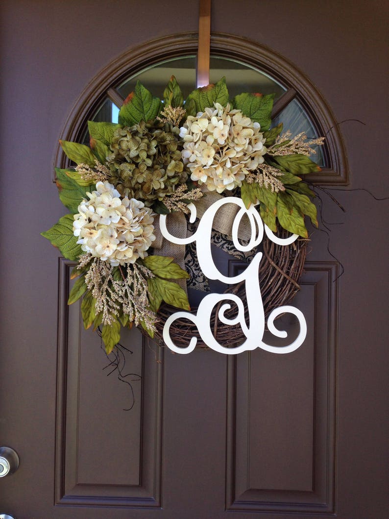 Grapevine Initial Wreath Front Door Decor Year Round Wreath With Cream Hydrangea Grapevine Wreath With Monogram Summer Door Wreath