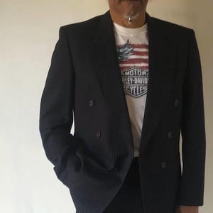 Vintage Men&#39;s 80s Striped Navy Blue two piece Suit - Trousers and Jacket, Size M