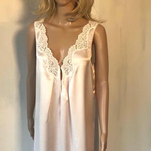 Vintage 80s Satin Slip Dress: Peachy Pink Lace Nightgown, Size S