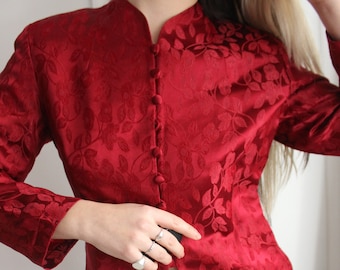 Vintage 90s Wine Red Floral Print Button Up Top With Long Sleeves