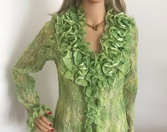 Vintage 90s Green Ruffled sheer blouse. UK size 12