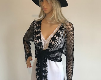 Vintage Black Viscose Crochet Cardigan. size M