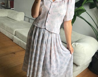 Vintage 70s Semi Sheer Powder Pink Blouse and Skirt set. UK size 10