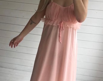 Vintage 1960s Floor Length Semi Sheer Peach Slip Dress with Ribbed Ruffle Trim Bust