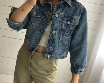 Vintage 90s Y2K Blue Denim Cropped Jacket With 3/4 Length Sleeves By Benetton