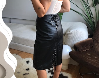 Vintage 90s Black Real Leather High waist Skirt. UK Size 12.