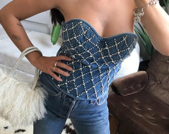 Vintage 2000s Denim Bustier: Rhinestone Corset Top