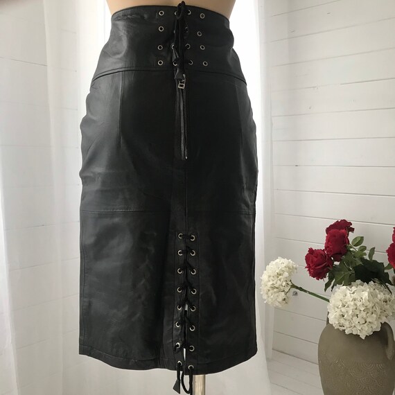 Vintage 90s Black Real Leather High waist Skirt. … - image 2
