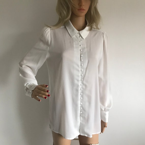 Ladies White Semi Sheer Long Sleeved button up Bl… - image 1