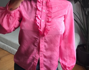 Vintage Pink Ruffle Blouse: Romantic Frilly High Neck Top, UK Size 10