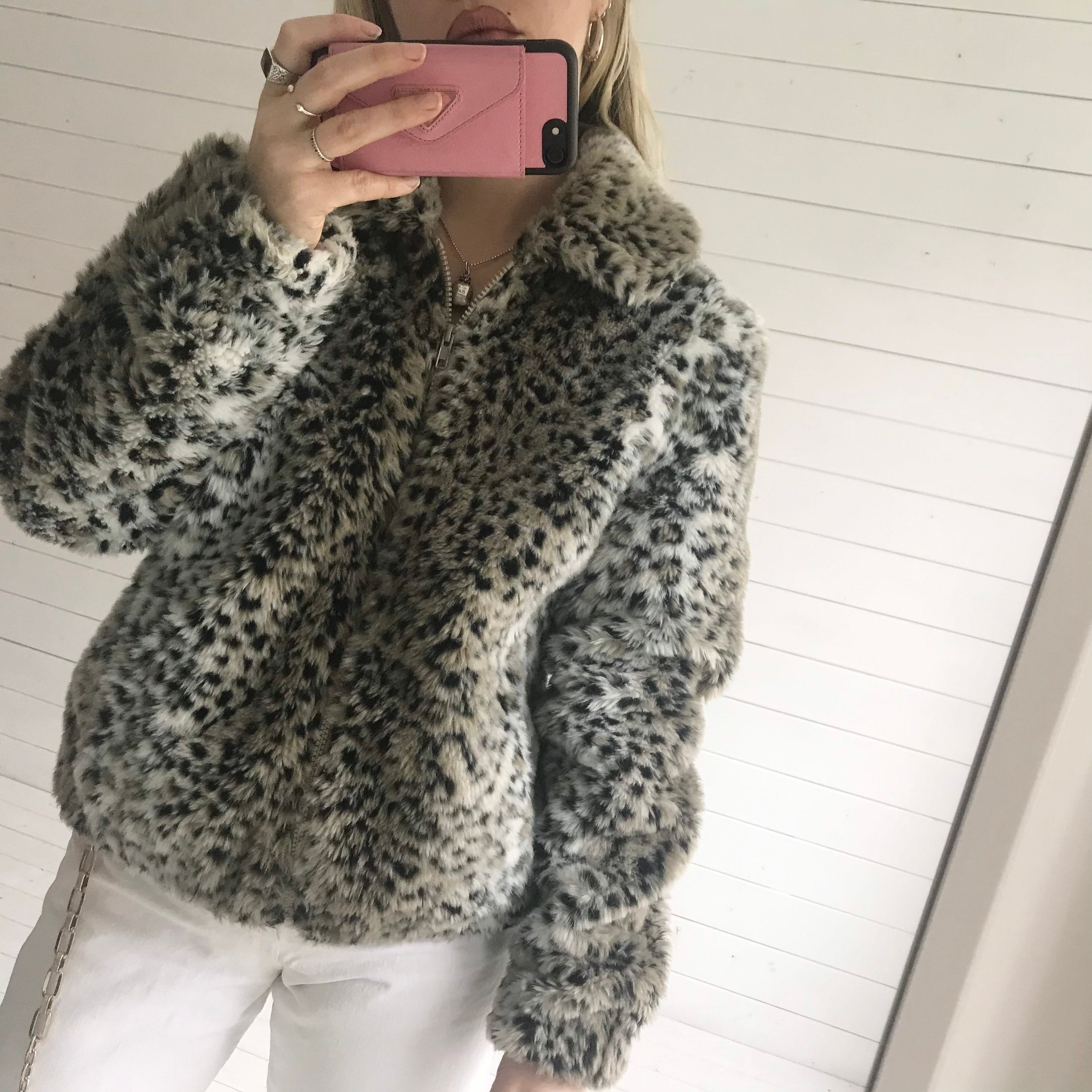 Grey leopard shop print fur coat