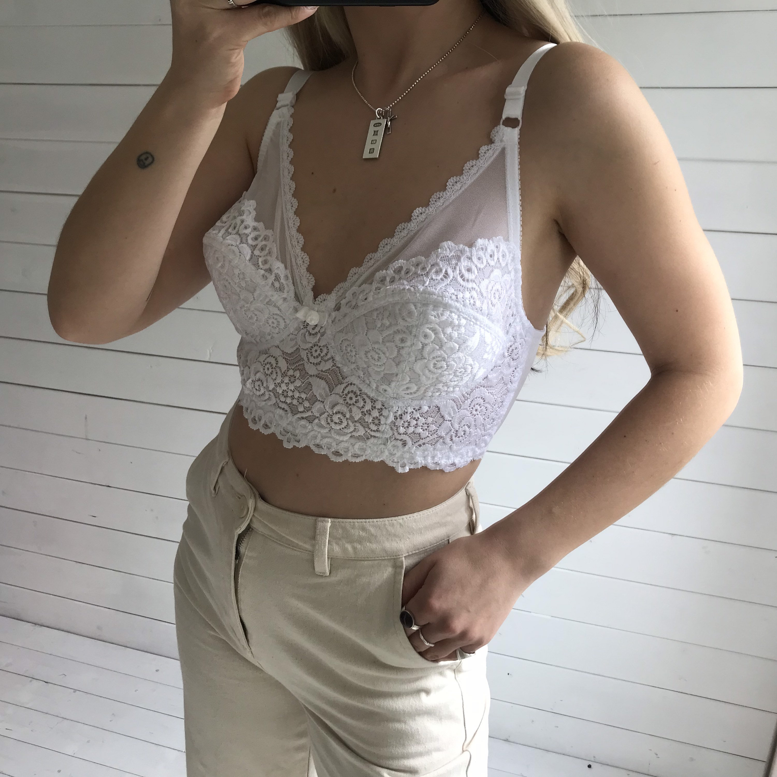 White Lace Bralet Bralette Bra Size 8 Crop Top Sheer See Through