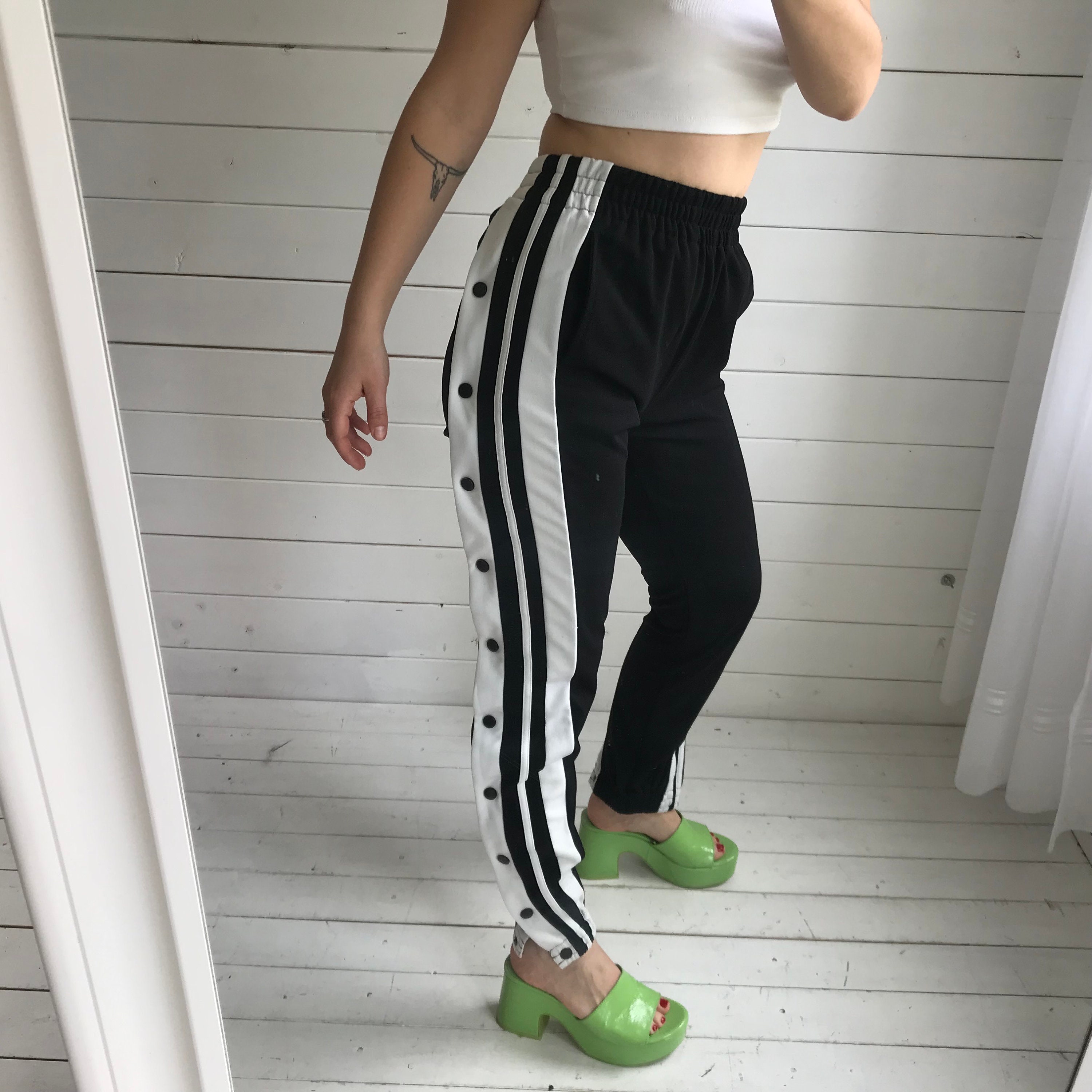 Early 2000s Black White Side Striped Popper Button Leg High Rise