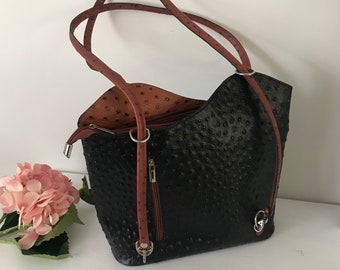Vintage 90s Black and Brown Real Leather Shoulder bag/Rug sack.