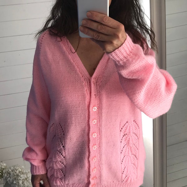 vintage Pink Knitted Loose Fit Cardigan acrylique. Taille M