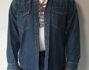 Vintage Blue Denim Shirt With Snap Buttons and 2 Chest Pockets.