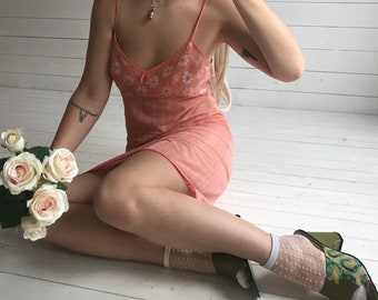 Vintage 1960s Ribbed Peach Slip Dress With Floral Bust