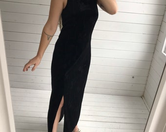 Vintage Black Velvet Cocktail Dress: 1990s New Look Strappy Side Split