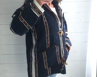 Vintage African Woven Baja Jerga Jacket with Hood, UK size S.