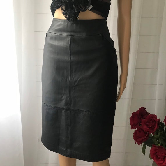 Vintage 90s Black Butter Soft Real Leather Skirt. - image 4