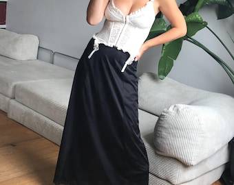 Vintage 1970s Semi Sheer Black Maxi Lace Slip Skirt. UK size S