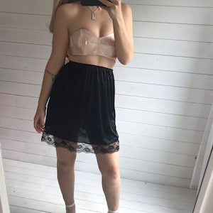 Vintage 1970s Satin Silky Feel Black Mini Lace Side Slit Slip Skirt