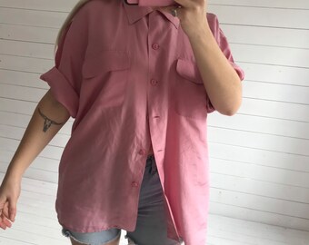 Vintage 1980s Boxy Short Sleeved Silk Dark Dusty Pink Shirt