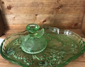 Vintage Art Deco green vanity tray and candle holder.