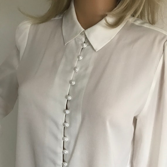 Ladies White Semi Sheer Long Sleeved button up Bl… - image 4