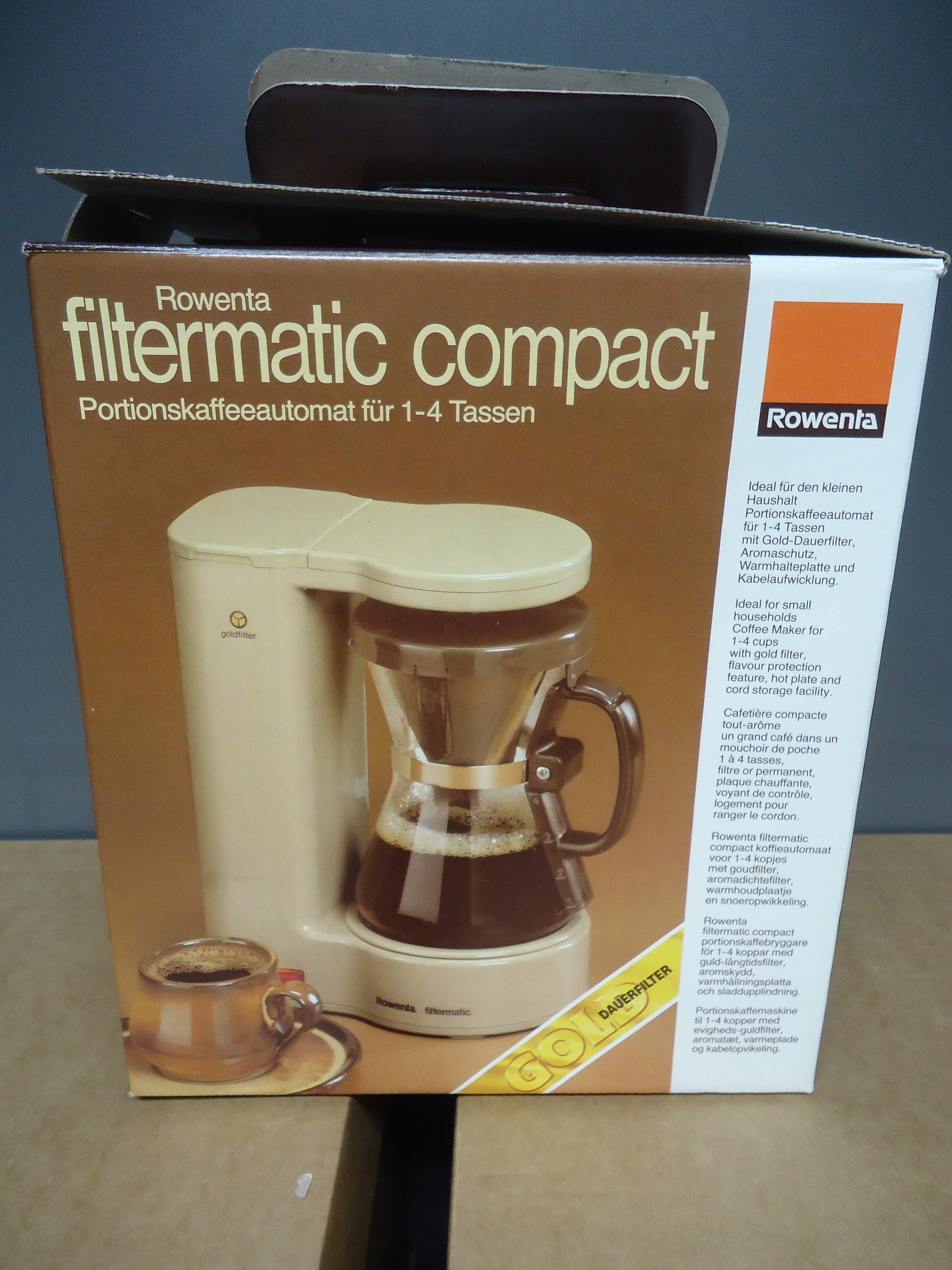 Rowenta Filtermatic Compact Vintage Coffee Maker Gold Permanent Filter  Beige Retro New Original Packaging Unused Glass Jug 