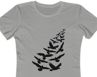 Women's Boyfriend Tee, Short-Sleeve Womens Tee Shirt, Birds Flying Tshirt, Black Birds, Cute Bird Shirt, Birthday Christmas Gifts, Birds Tee