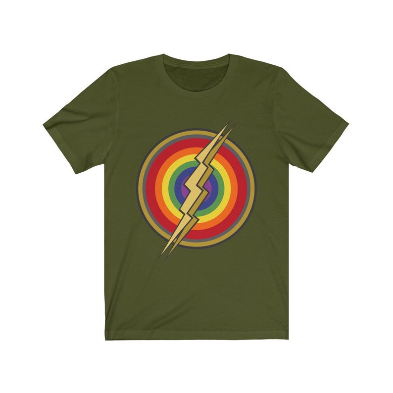 May include: A green t-shirt with a rainbow circle and a gold lightning bolt graphic.