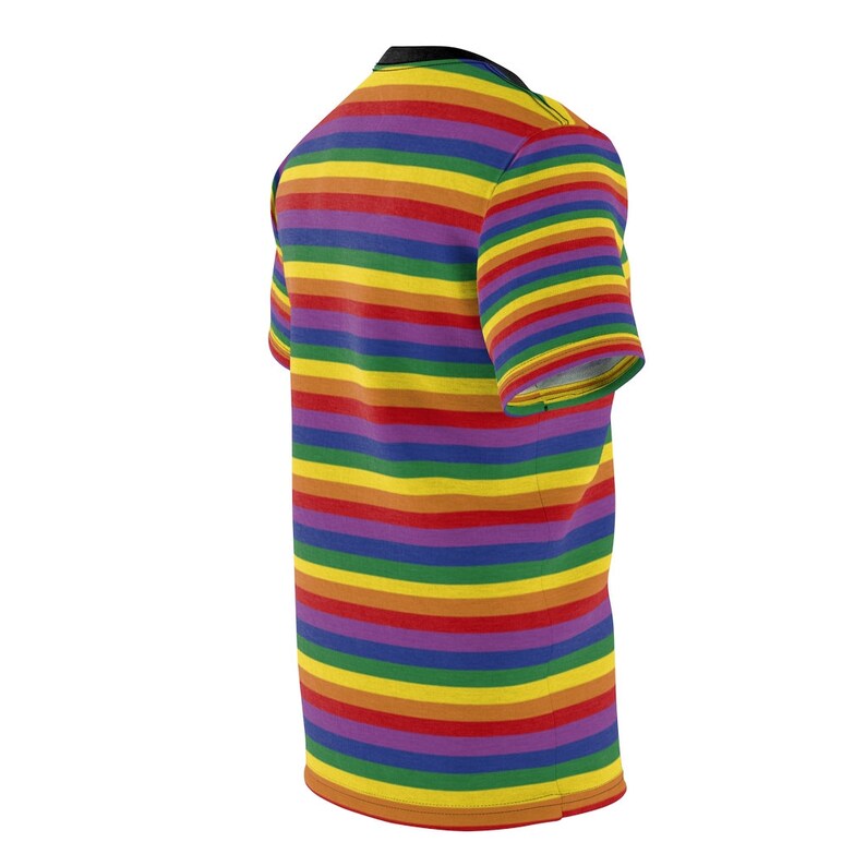 May include: A short-sleeved t-shirt with horizontal stripes in the colors of the rainbow.