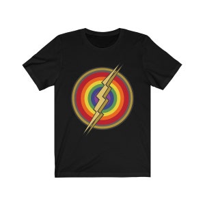 May include: Black t-shirt with a rainbow circle and a gold lightning bolt graphic.