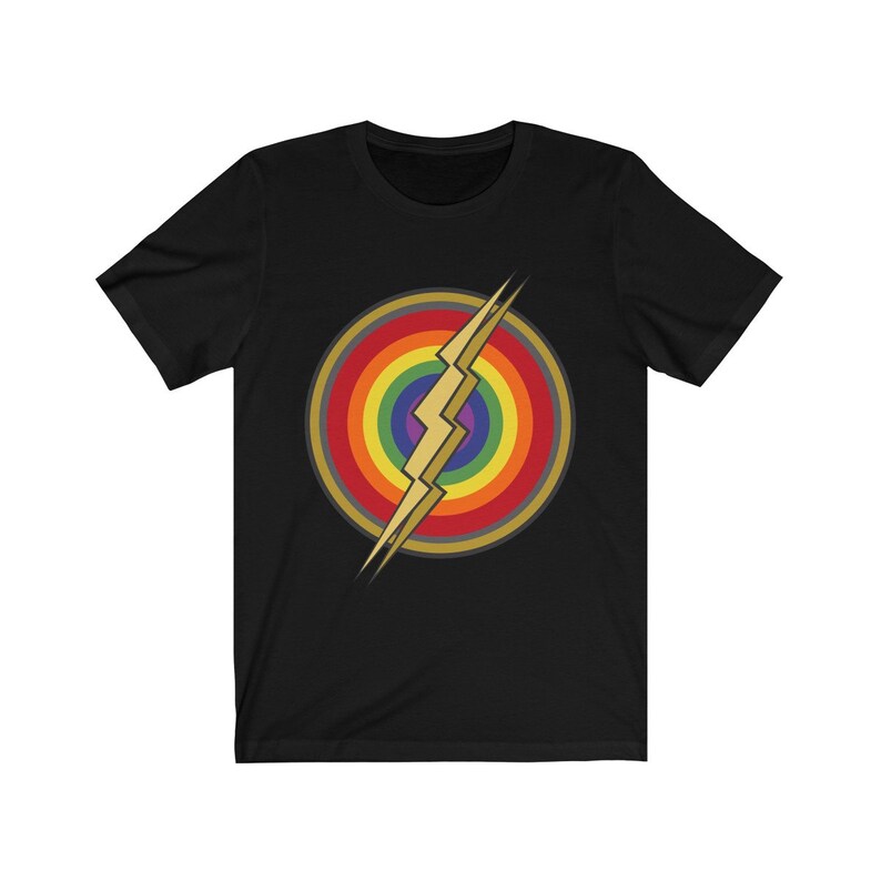 May include: Black t-shirt with a rainbow circle and a gold lightning bolt graphic.