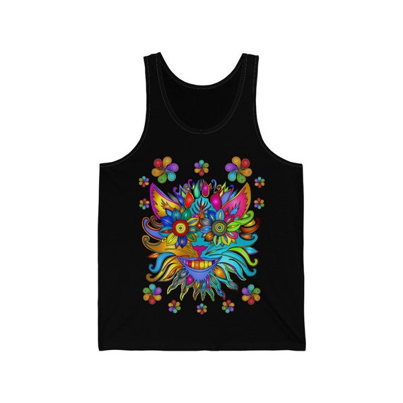 Boho Tank Top, Bohemian Clothing, Trippy Cat Face, Beach Cover Up