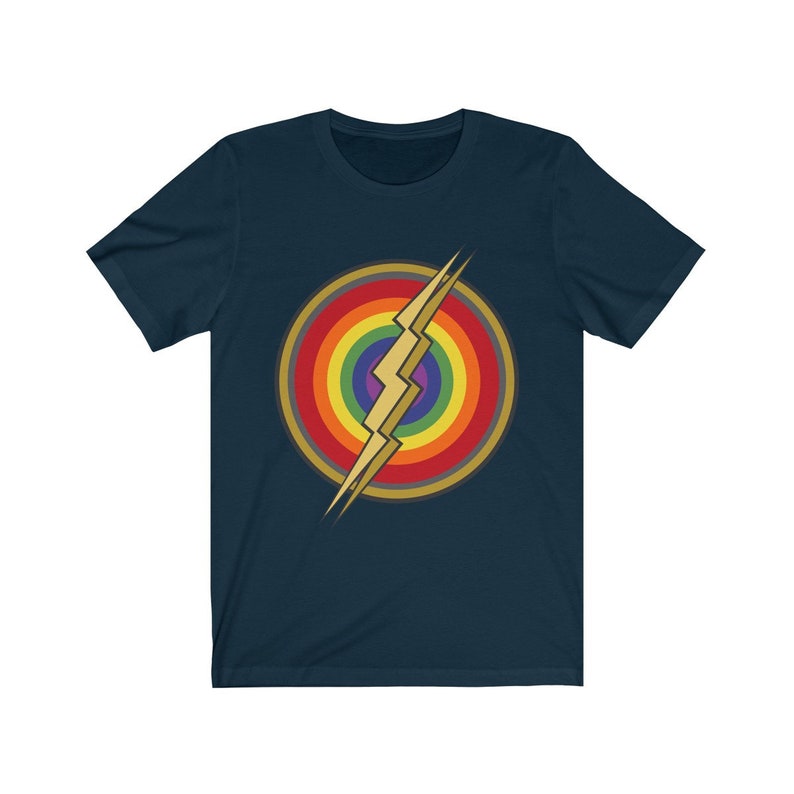 May include: A navy blue t-shirt with a rainbow and lightning bolt design. The lightning bolt is gold and the rainbow is in the colors of the pride flag.